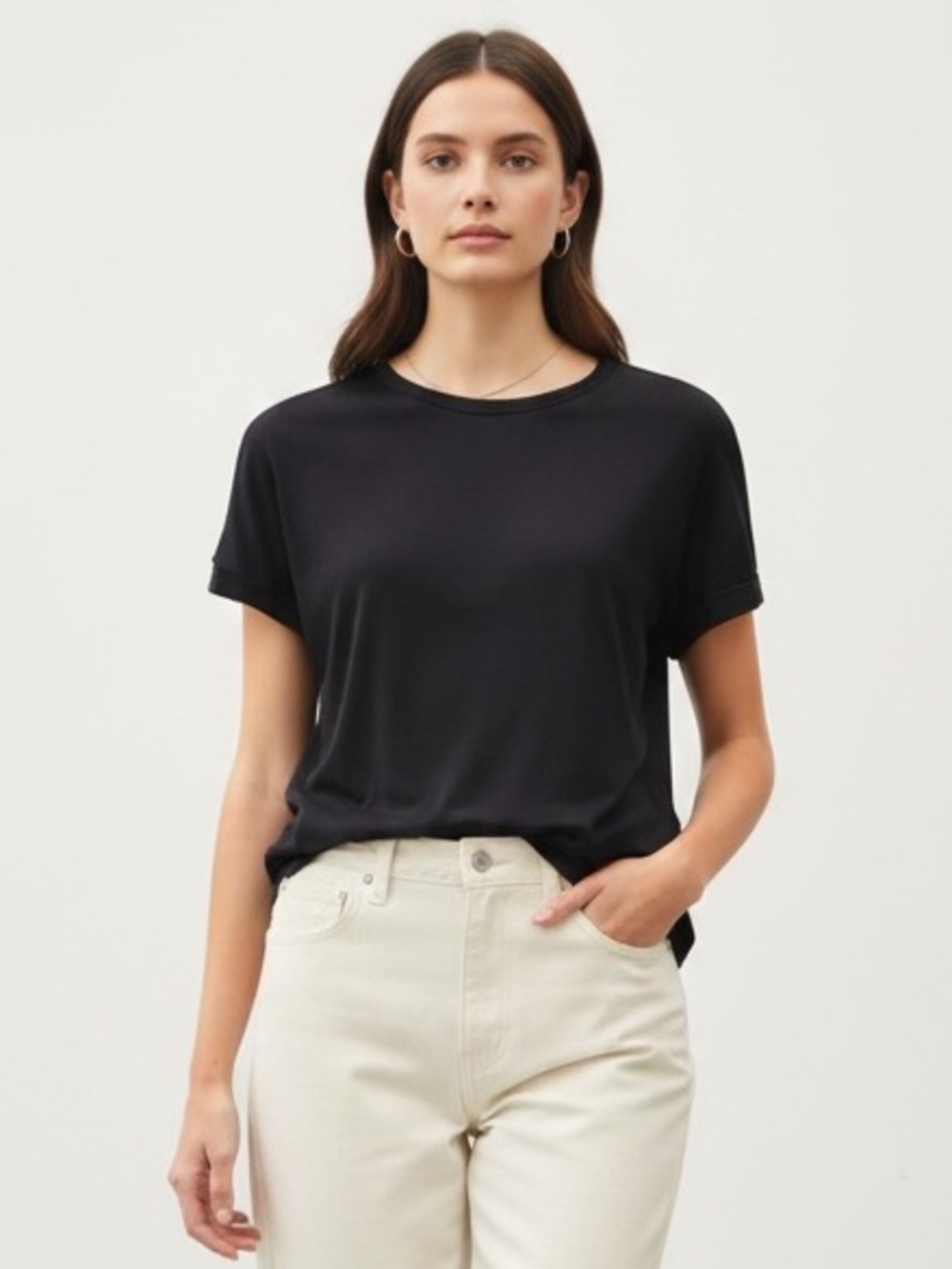 1427 • Black Modal Blend Cuffed Sleeve Oversized Round Neck Tee